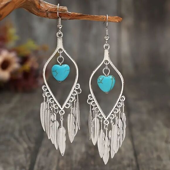 New - Boho Feather Tassel Heart Turquoise Dangle Earrings - Picture 1 of 9